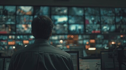 Obraz premium Person observing multiple security camera surveillance screens