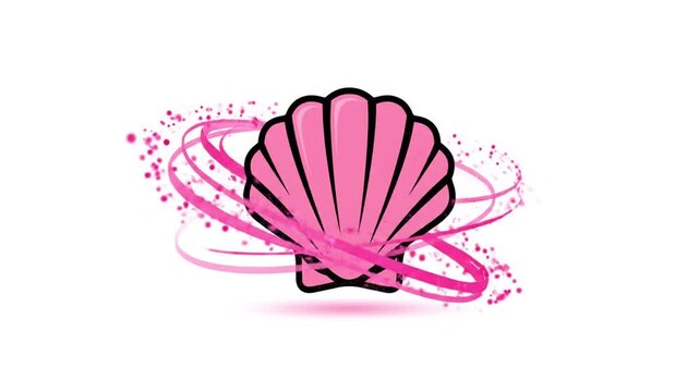 A vibrant pink seashell with swirling pink ribbons and scattered pink particles against a white background, symbolizing beauty and nature.