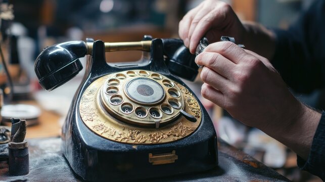 Close-up of hands adjusting rotary dial phone on a cluttered workbench