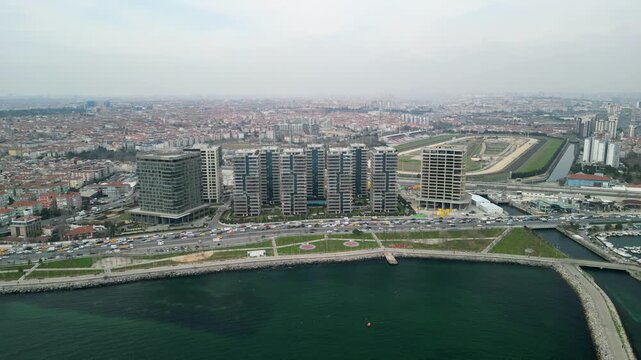 Istanbul/Turkey circa 2023: the "Pruva 34" residence buildings, circling shot
