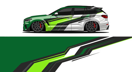 Fototapeta premium Graphic illustration of a sporty racing car with vibrant green and black livery.
