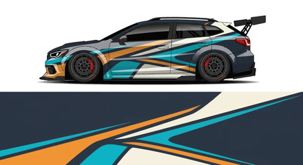 High performance race car with teal orange graphics and spoiler on track. © AhzaArdiansyah