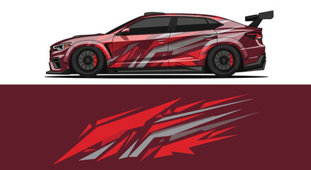 Naklejka premium Sleek red sports car with dynamic racing decals and bold stripes against a white and maroon backdrop.