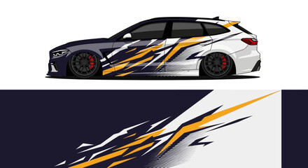 Obraz premium Sleek race car with bold angular vinyl wrap and dynamic color graphics.