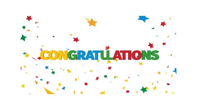 Colorful "Congratulations" text with falling confetti and stars, celebrating an achievement or special occasion.