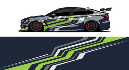Obraz premium High-contrast racing car with vivid green and blue livery featuring bold stripes and aero accents.