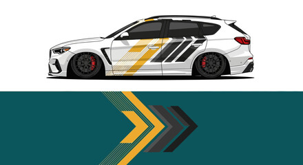 Obraz premium Sporty race car with bold yellow chevron decals on teal background.