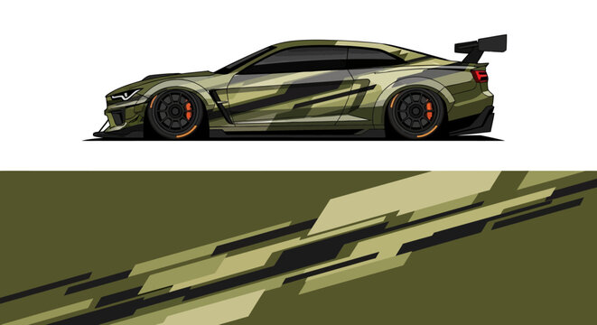 Sleek camouflage-patterned sports car with aerodynamic wing and bold futuristic design.