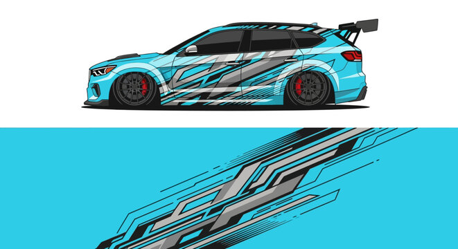 Side View of a Blue Wrapped Sports Car with Aerodynamic Decals and Wing on a White and Blue Background.