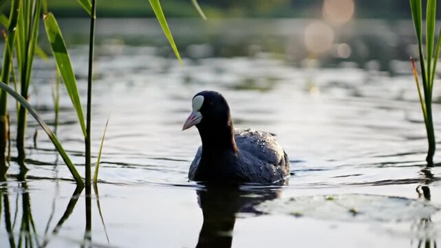 Black coot bird gracefully swimming on the tranquil water surface amidst vibrant green reeds in natural daylight
