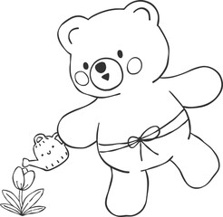Fototapeta premium Outline Spring Bear Coquette Joyful Spring Garden Nature cute cartoon design illustration 