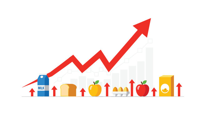 A bold red arrow trends upward over a row of essential grocery staples like eggs and milk to depict increasing consumer prices in a minimalist design.