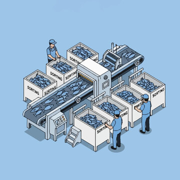 Isometric illustration of factory workers sorting packages on conveyor belt.