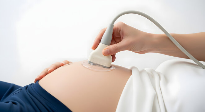 Pregnant woman getting ultrasound scan on belly by medical professional Midwife