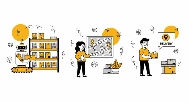 Smart e-commerce logistics with robot warehouse staff and courier tracking packages on a map navigation system