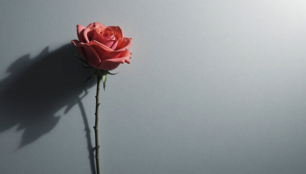A single pink rose with a long stem stands against a gray background with a dramatic shadow