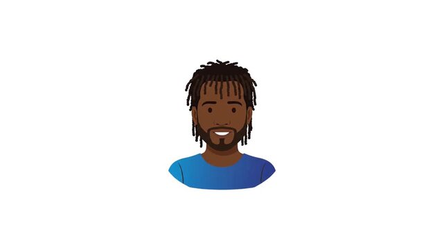 A digital illustration of a smiling Black man with dreadlocks and a beard, wearing a blue t-shirt.