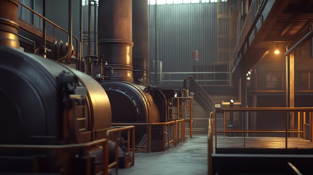 Heavy industrial machinery and piping in a large manufacturing plant, showing engineered production processes, steam, valves, gauges and robust metalwork in a gritty factory interior