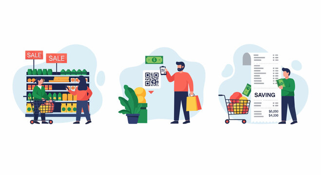 People shopping at grocery store choosing food products paying with qr code and saving money on budget