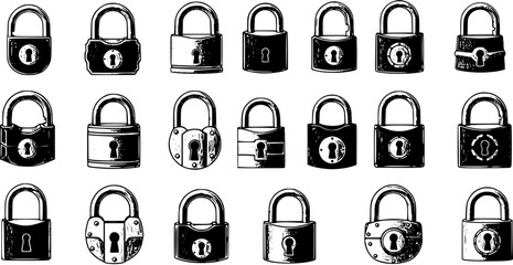 Black and White Illustration of Various Padlock Designs, Security and Protection Concept © devanca