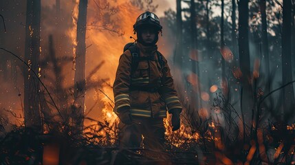 Naklejka premium Experience the adventure! A young hero stands amidst a forest fire in his firefighter suit, surrounded by gloom and danger