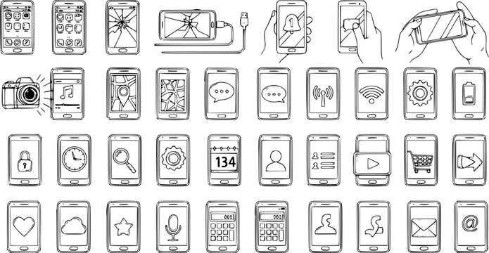Hand-drawn doodle sketch set of various smartphone icons, mobile app features, and phone interactions