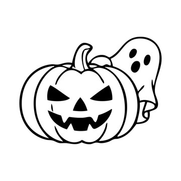 Logotipo con dibujo minimalista de un fantasma, asomando por detr&aacute;s de una calabaza tallada de Halloween, para su uso en felicitaciones y tarjetas