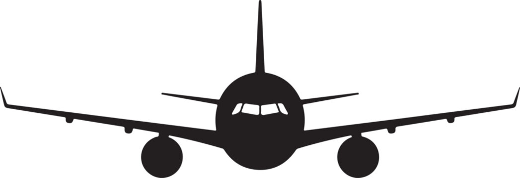 Airplane silhouette, black plane icon, aircraft vector, travel symbol, transportation logo