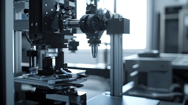 Automated robotic machine performing precision manufacturing close up