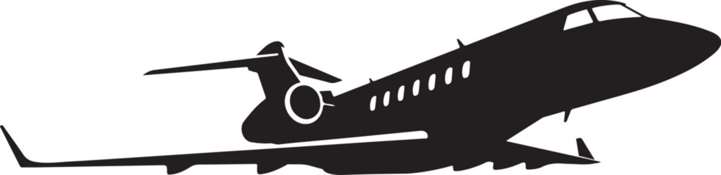 Black airplane, private jet, aircraft silhouette, vector plane, air travel icon