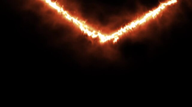Realistic fire flame drawing a heart shape outline. Romantic burning symbol animation on isolated black background