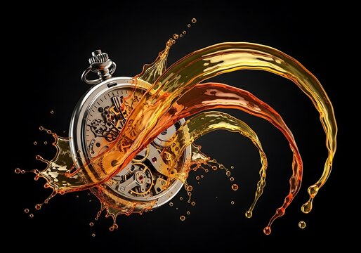 Exploding pocket watch with fiery swirls against dark background
