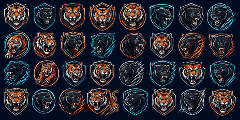 Tiger Panther Badges Pack. Neon Sports Badge SVG Vector Set with Esports Style Mascot Logos, Shield Emblems, Team Crests and Bright Outline Symbols, tiger panther badges, feline mascot logos © Alex