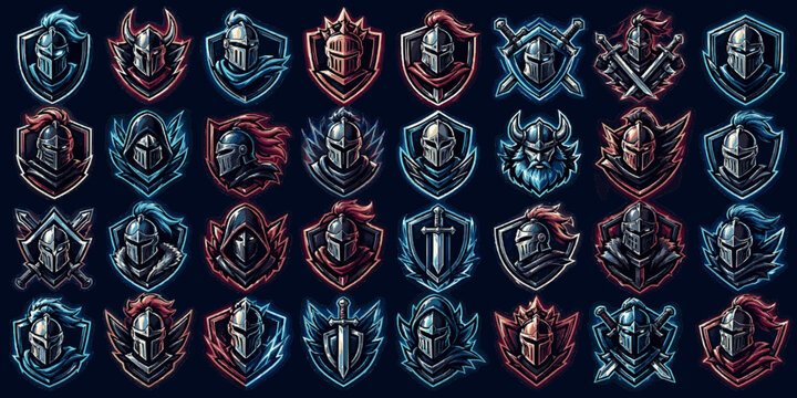 Knight Shield Emblems Pack. Neon Sports Badge SVG Vector Set with Esports Style Mascot Logos, Shield Emblems, Team Crests and Bright Outline Symbols, knight shield emblems, warrior crest logos
