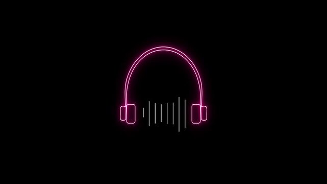 Glowing audio headphone icon waveform background. Abstract music wave, . Neon headphones sign animation on black background