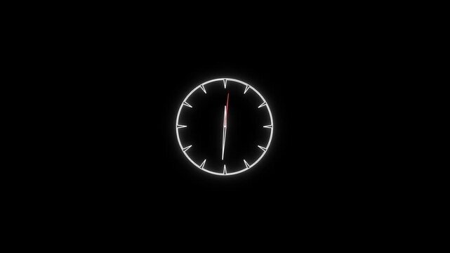 Neon Clock sign icon animation glowing white color and black background watch timer circle dial , Clock icon neon light 24 Hour Day Fast Speed.