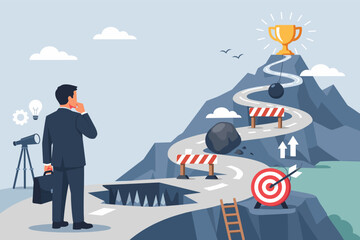 Businessman Planning to Overcome Obstacles and Pitfalls on a Winding Mountain Road to Reach a Success Goal Trophy, Concept of Strategy, Career Growth, Ambition, Resilience and Problem Solving.