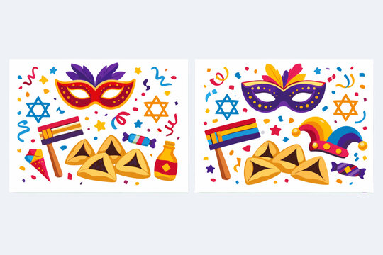 Happy Purim Greeting Cards Set with Traditional Jewish Holiday Symbols: Hamantaschen Cookies, Masquerade Masks, Graggers, Star of David, and Colorful Confetti for Chag Purim Sameach Celebration