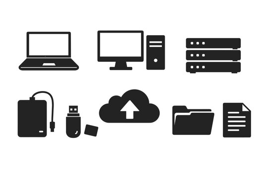 Digital recordkeeping icons in silhouette style featuring laptop, desktop computer, server rack, external hard drive, USB flash drive, cloud upload, folder, and document for data management.