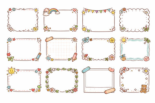 Set of Cute Hand Drawn Doodle Frame Borders with Flowers, Rainbow, Sun, Stars, and Hearts. Kawaii Decorative Square and Rectangle Borders for Scrapbooking, Photo Frames, and Bullet Journaling.