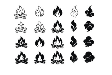 Fototapeta premium Collection of black campfire icons featuring firewood logs, burning flames, and smoke wisps in outline and silhouette styles, perfect for camping, outdoor adventure, and survivalist graphics.