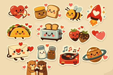 Cute Retro Valentine's Day Sticker Set with Punny Kawaii Characters, Flat Vector Illustration of Heart, Bee, Taco, Toaster, Strawberries, Love Letter, Salt and Pepper, Record Player, and Otters © Tushal