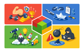 Obraz premium Isometric SWOT Analysis Infographic for Business Strategy and Marketing. Flat Vector Illustration with Icons for Strengths, Weaknesses, Opportunities, and Threats in Four Colorful Quadrants.