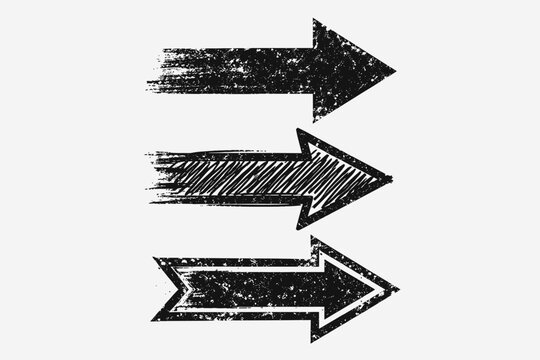 Set of three black grunge arrows in different styles, direction symbols with distressed texture, hand-drawn scribbled and solid pointers for navigation, vintage industrial vector design elements.