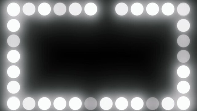 Bright white circular bulbs form a glowing rectangular frame on black background