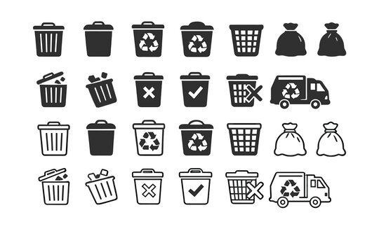Trash bin and recycle icon pack with garbage, waste, delete, and disposal symbols in solid and outline vector styles. Includes garbage trucks, bags, and various bin designs for environmental UI.