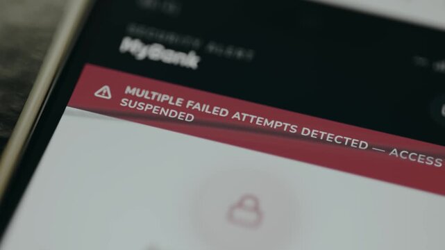 Message about a bank account being suspended due to failed login attempts. Cybersecurity concept