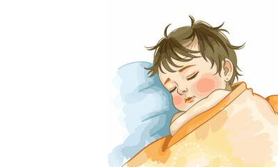 Fototapeta premium Soft watercolor illustration of a peaceful sleeping child in a calm dreamy setting, gentle pastel colors and soft lighting creating a serene restful nighttime atmosphere, cozy bedtime scene with quiet