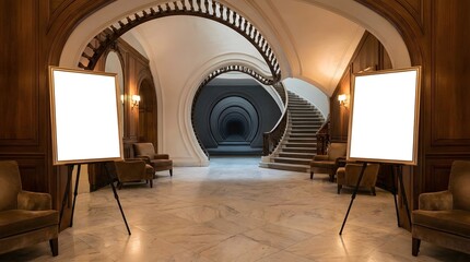 Fototapeta premium Elegant classic hall with spiral stairs and blank exhibition posters.