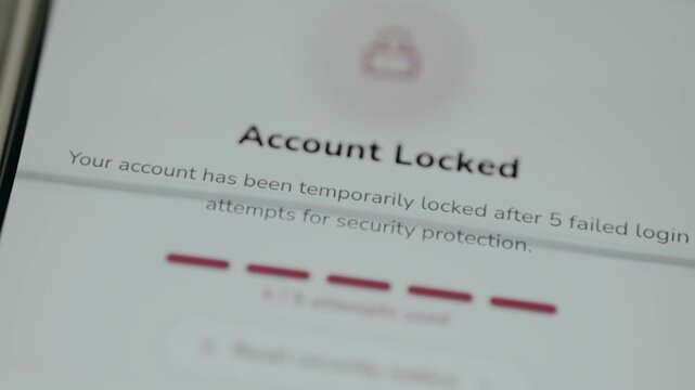 Mobile banking screen showing Account Locked after 5 failed login attempts for security protection